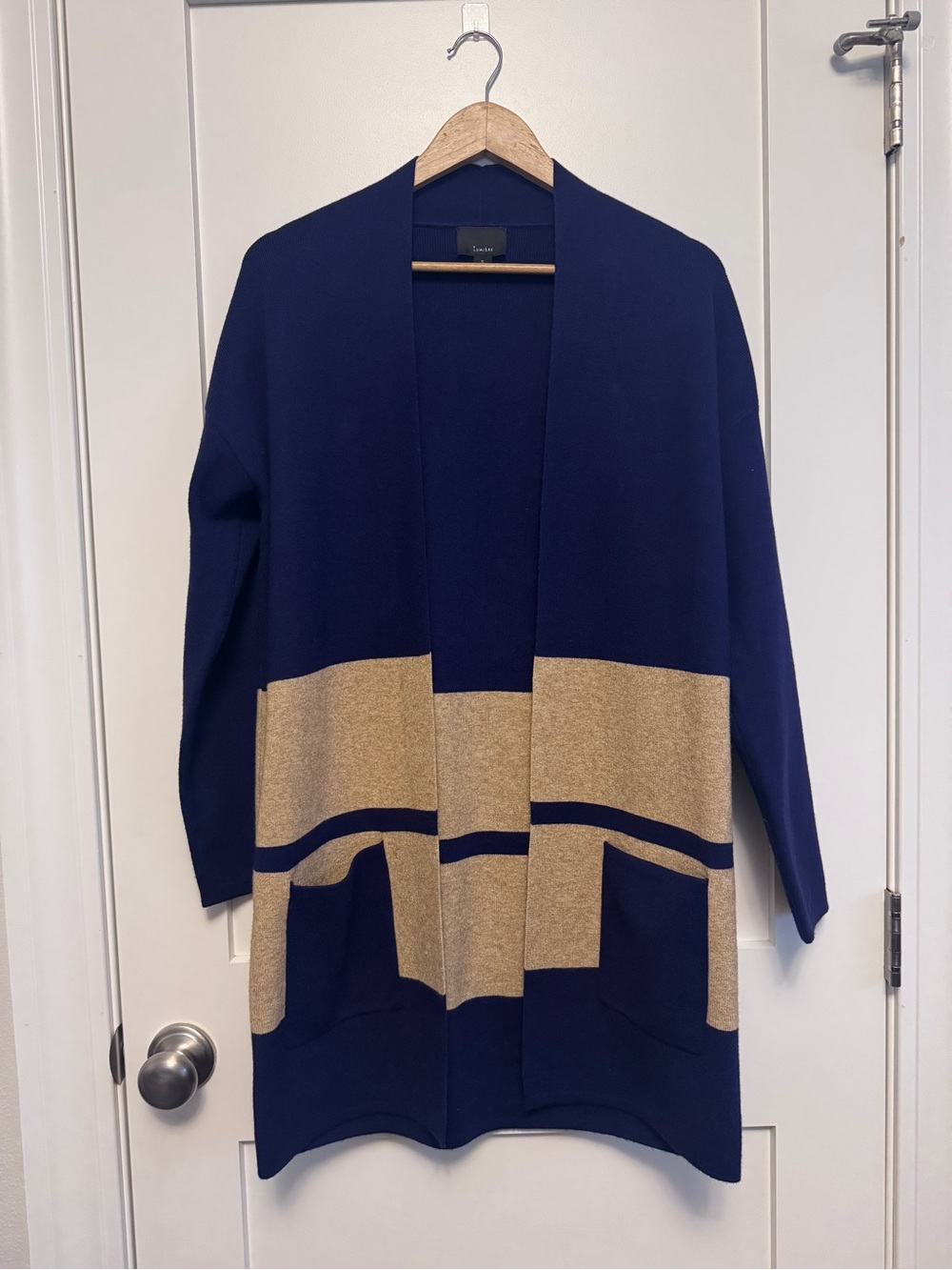 Lumiere Navy and Tan Classic Open-Front Colorblock Cardigan - Heavyweight S